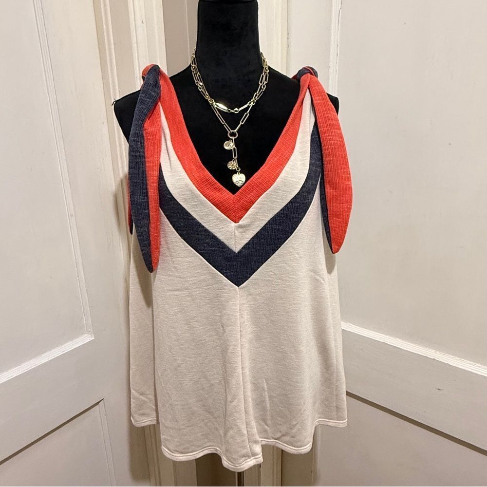 Vintage Looking Chevron Tie-Strap Tank Top - Cream, Red, Navy